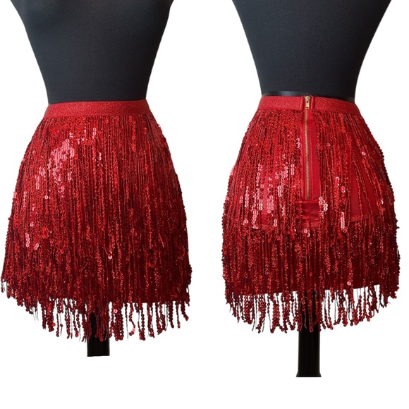 Source Unknown Dresses & Skirts - Red Sequins Fringe Skirt High Shine Shimmer Metallic, Performance Wear SZ S